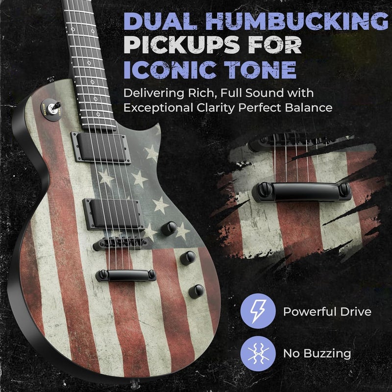 Fesley 39" LP Electric Guitar Kit: Full Size Solid Body Electric Guitars for Beginners with Humbucker Pickups,Poplar Body,Mahogany Neck,22 Frets,6 String Guitar with Gig Bag, FLP400,Matte,US Flag - Image 4